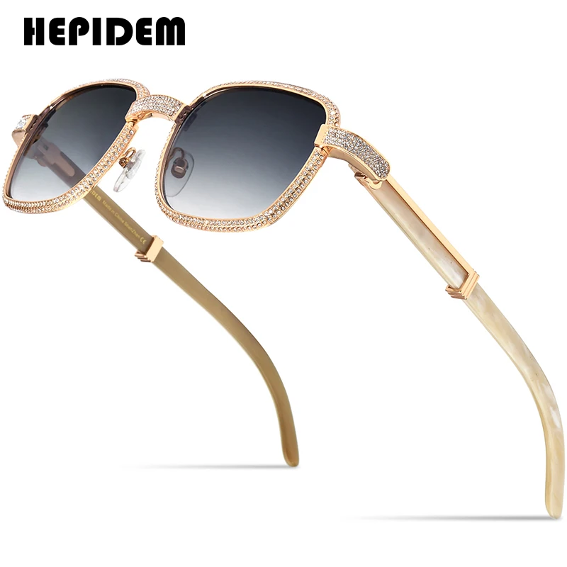 

HEPIDEM High Quality Men Buffs Sunglasses Square Luxury Diamond Sumptuous Sun Glasses for Women Buffalo Horn Glasses