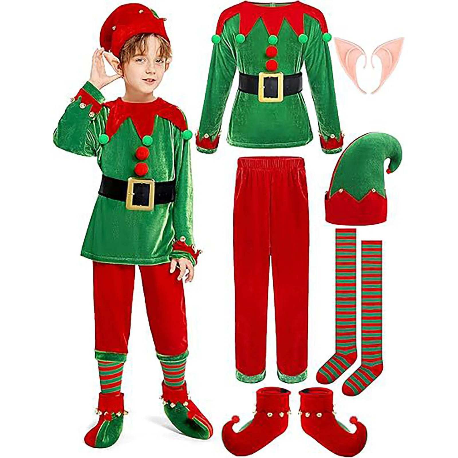 Boys Girls Christmas Elf Cosplay Costume Dress with Ears Hat Belt Shoes Striped Stockings Halloween Xmas New Year Party Clothes