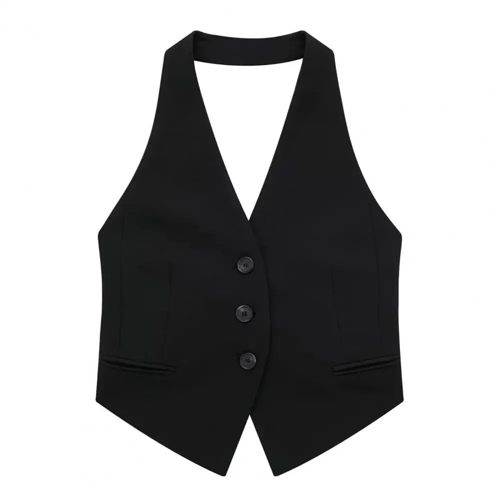 Summer Women Vest Halter Neck Sleeveless Single-breasted Pure Color Pockets Cardigan OL Commute Style Formal Business Waistcoat