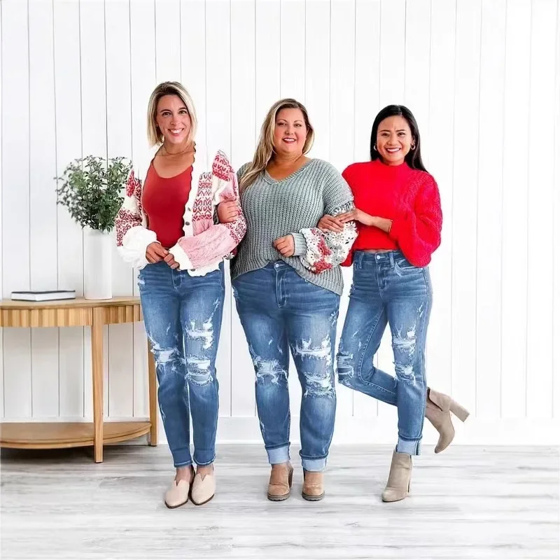 

High Street Fashion Washed Holes Straight Leg Jeans, Women's Spring and Autumn New Casual Personality Jeans Hip Hop Long Pants