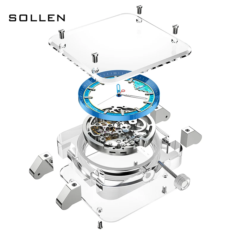 New Luxury Brand SOLLEN Seagull Automatic Mechanical Sapphire Men\'s Watches Luminous Waterproof Skeleton Transparent Clock SL325