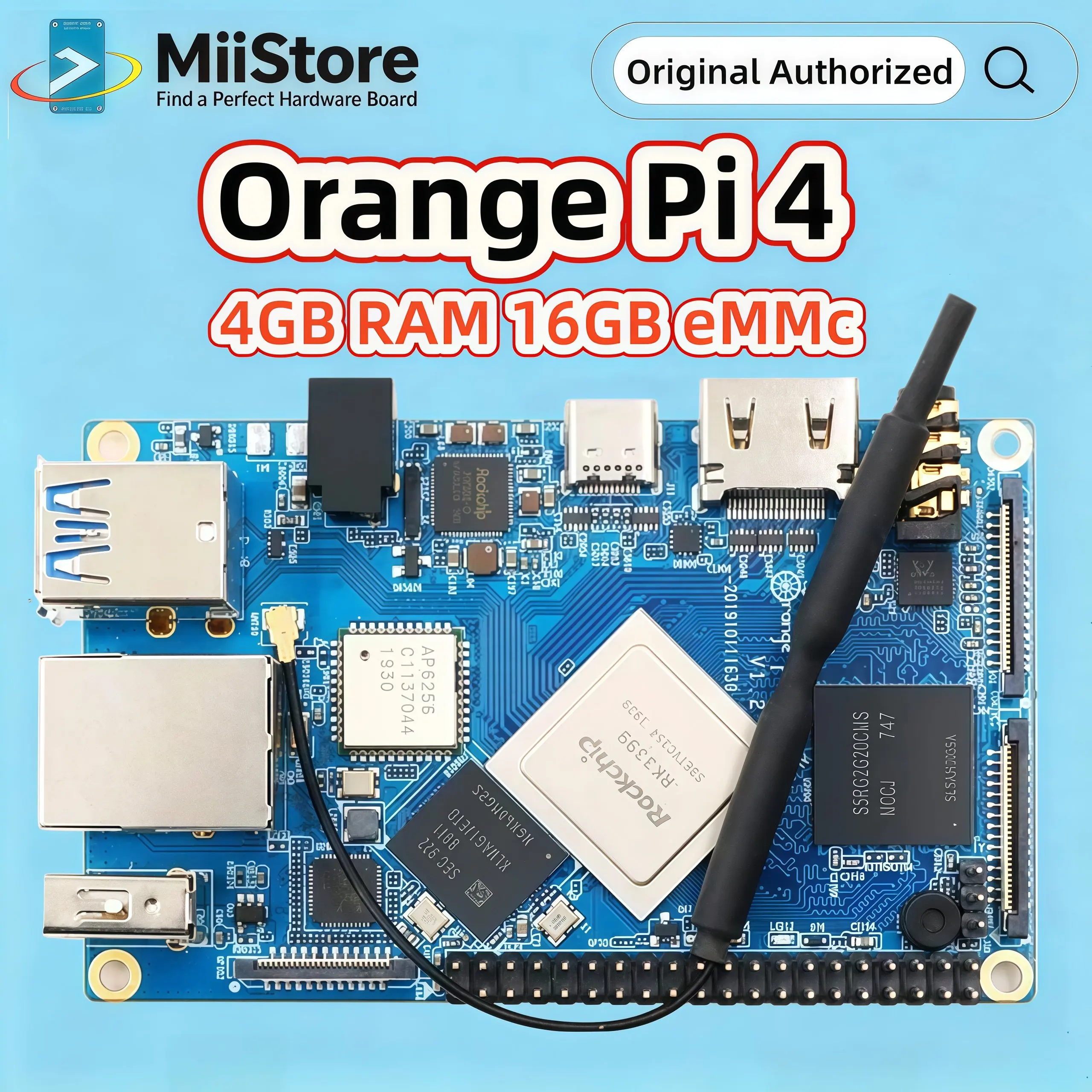 Orange Pi 4 Single Board Computer, RK3399 4GB LPDDR4 RAM +16GB Onboard eMMC, Dual‑Band WiFi BT5.0, 4K HDMI Media Server Mini PC