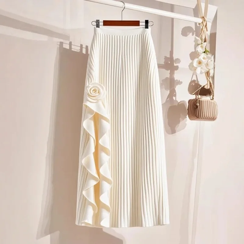 Spring Autumn Winter Women White Black Flower Skirts Elastic High Waist A-line Pleated Skirt Midi Skirt Female Elegant Skirts