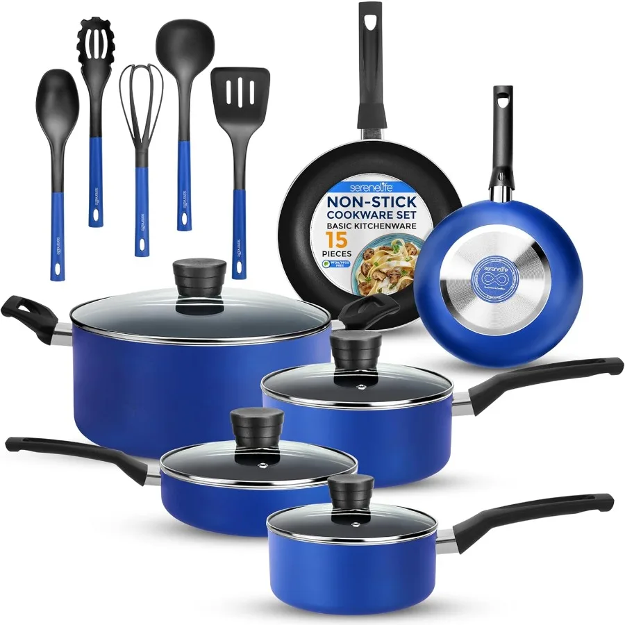 

15Pc Blue Cookware Set for Home Kitchen Use NonStick and HeatResistant Pots and Pans with Lids Dishwasher Safe Includes Matchin