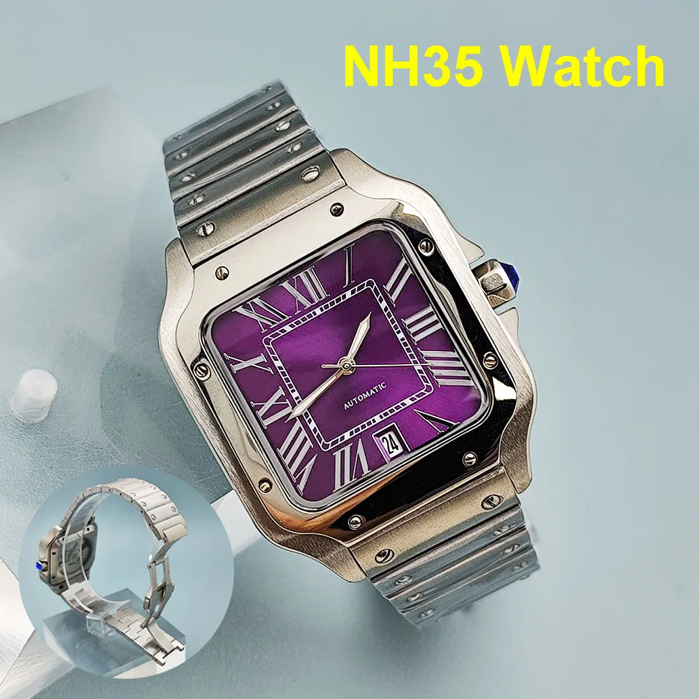 Часы NH35 с квадратным циферблатом, фиолетовым циферблатом, мужские автоматические механические часы из нержавеющей стали, подходят для аксессуаров для часов с механизмом NH35