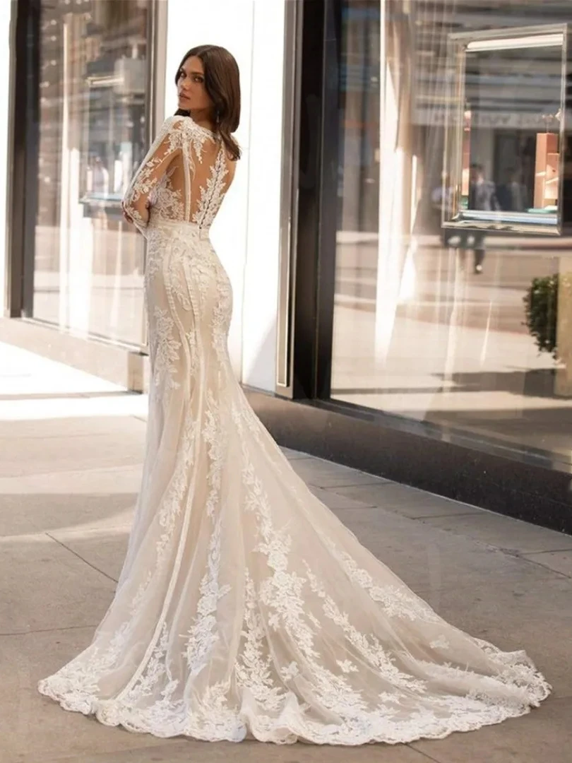 Vestidos de casamento requintados com decote em v profundo vestidos de noiva rendas apliques mangas compridas até o chão roupões para noivas vestidos de novia