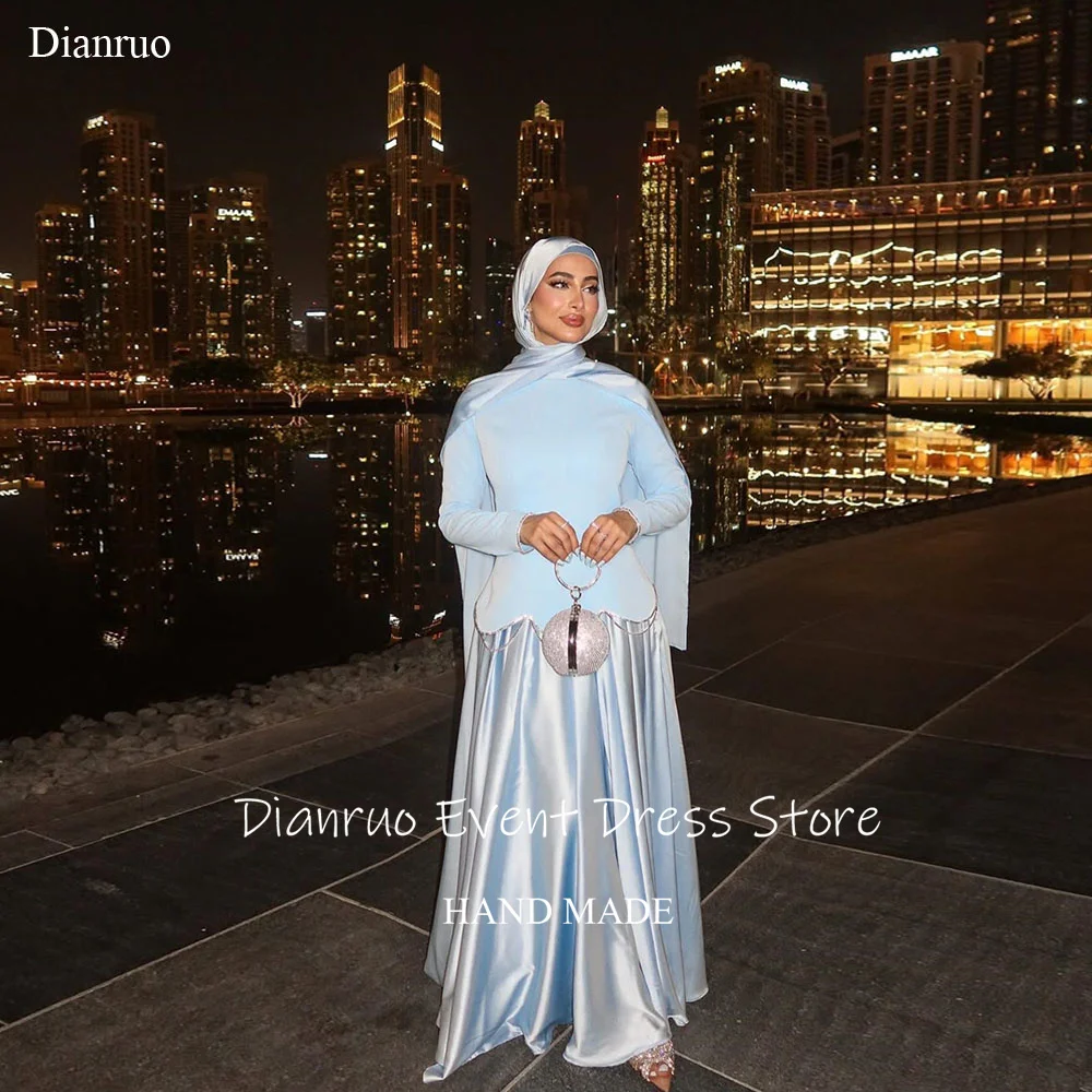 Dianruo 2025 robes de soirée modestes musulmanes Satin une ligne robes de bal plissées longueur de plancher robes de soirée de mariage saoudiennes personnalisées