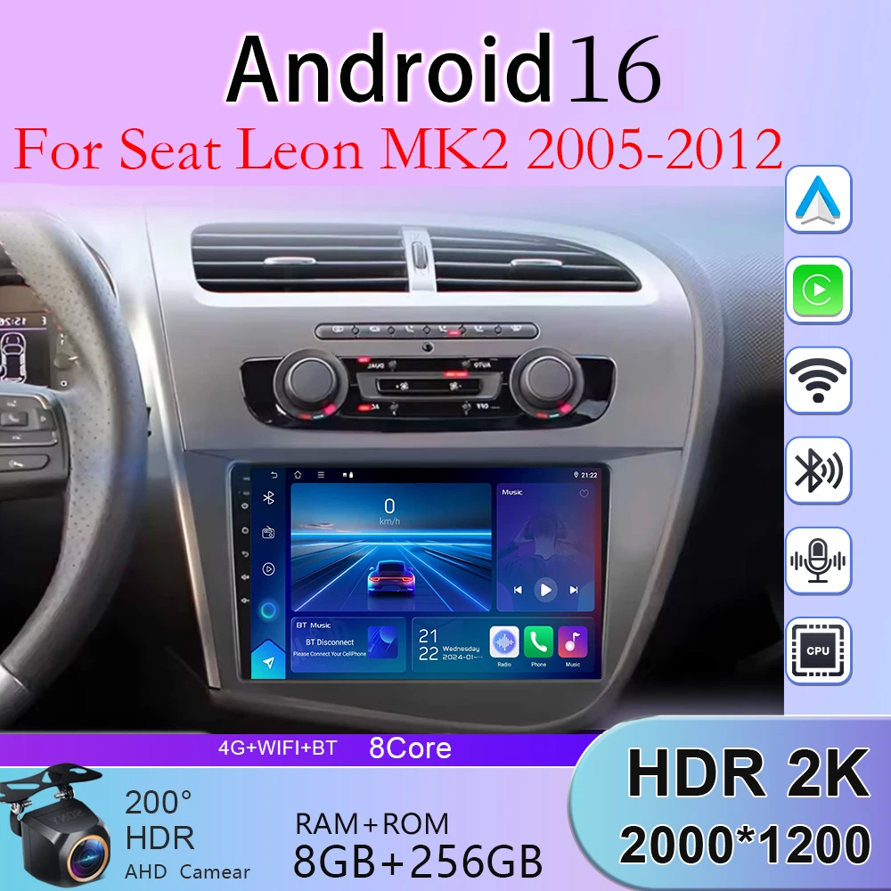 

Автомагнитола 2K для Seat Leon MK2 2005-2012 с беспроводным CarPlay, Android 16, GPS, RDS, WiFi, BT, 4G, мультимедиа, стерео