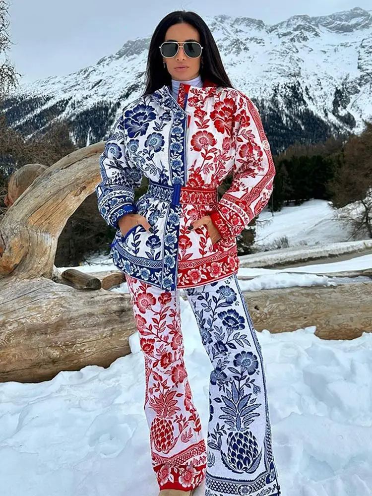 Women Fashion Contrasting Printed Cotton Coat Pants Suit Elegant Long Sleeves Belt Warm Jacket Sets 2024 New Lady Skiing Outfits