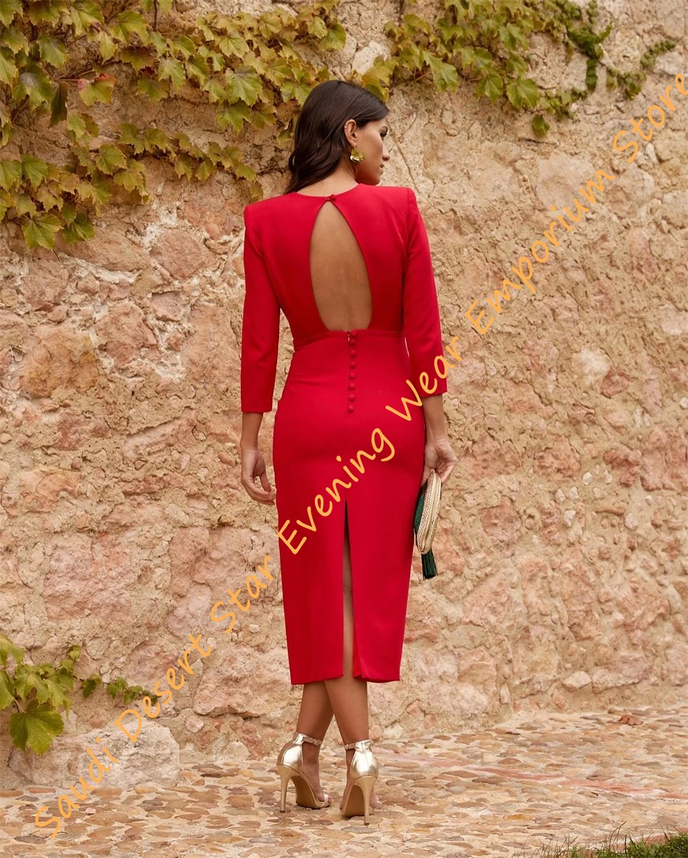 Customized  Customized Graceful O-Neck Half Sleeves Evening Dress Sexy Buttons Back Straight Back Slit Party Dress Sexy Backless