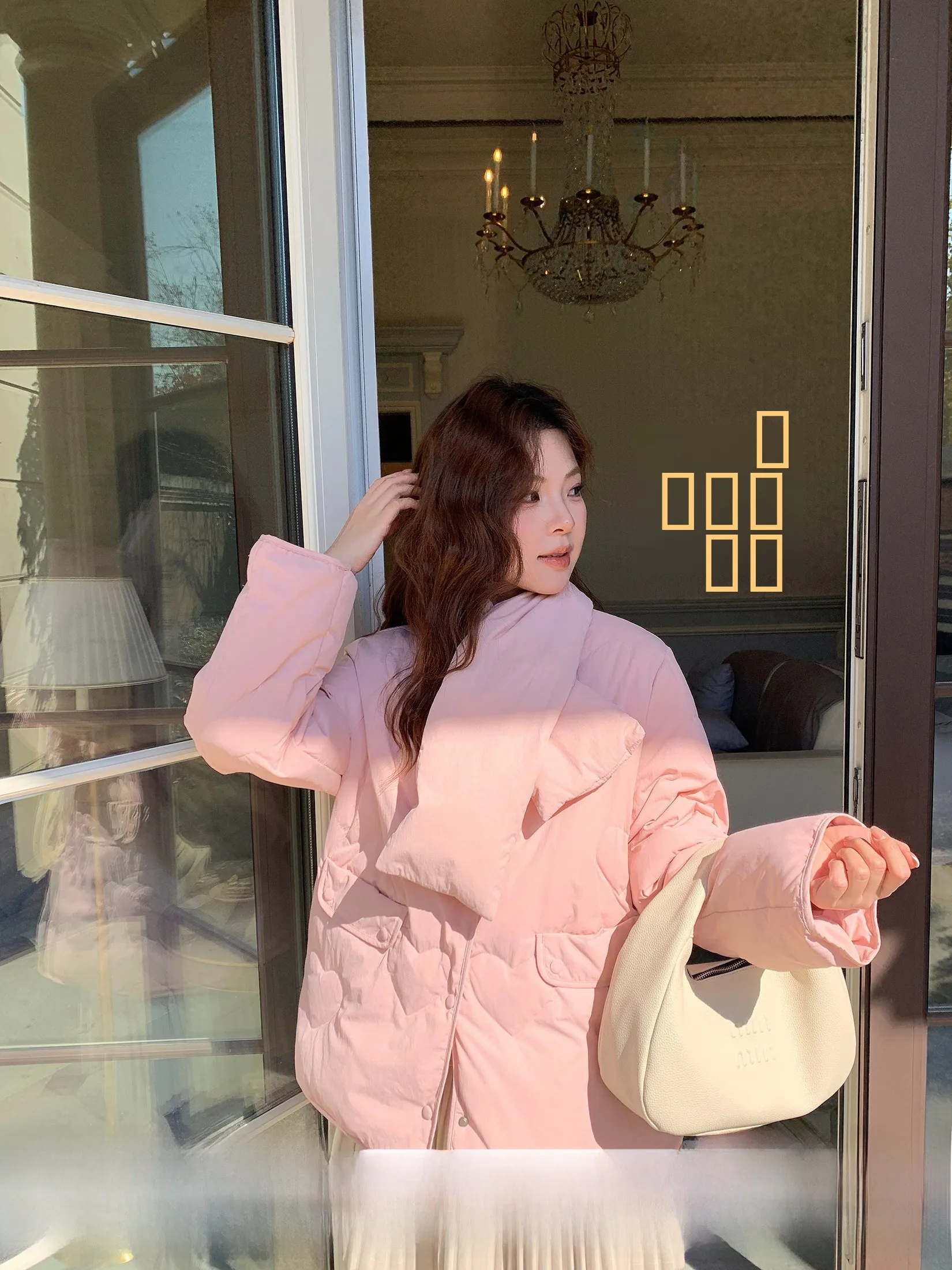

Li Xiaoxiao Berries Brioche Women's down Jaet Pink round Ne White Du Loose Fit Warm Outerwear Sweet Sle Winter Coat
