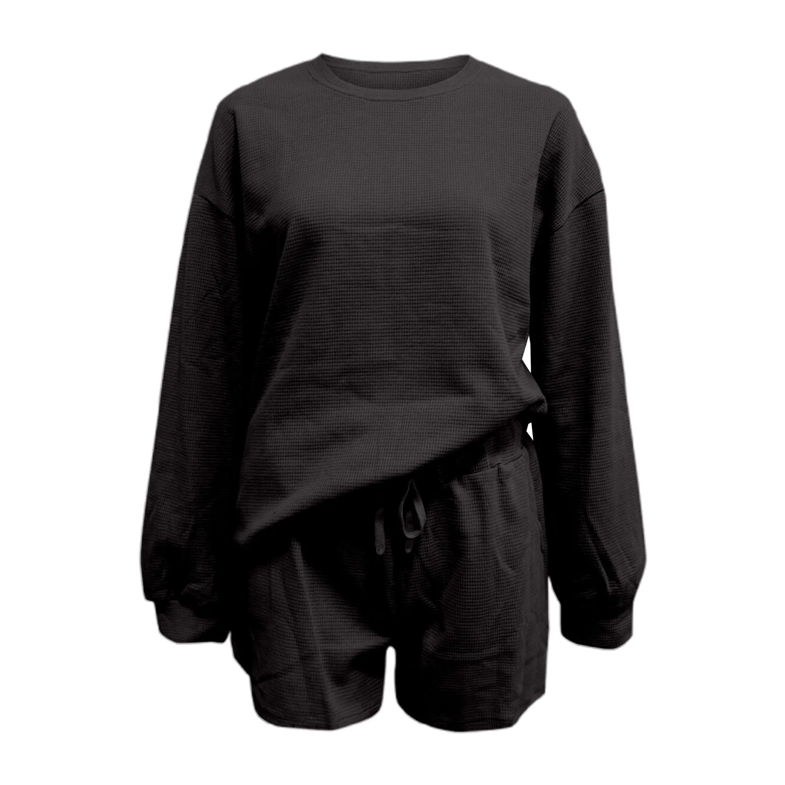 Ladies Solid Colour Round Neck Loungewear Casual Long Sleeve Drawstring Shorts Suit Long Sleeved Elastic Waisted Shorts Sets