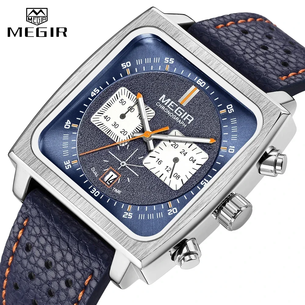 MEGIR Moda Mavi Deri İzle Erkekler Üst Marka Lüks Kare Kadran Chronograph Askeri Kuvars Saatler Adam için Tarih 24 saat