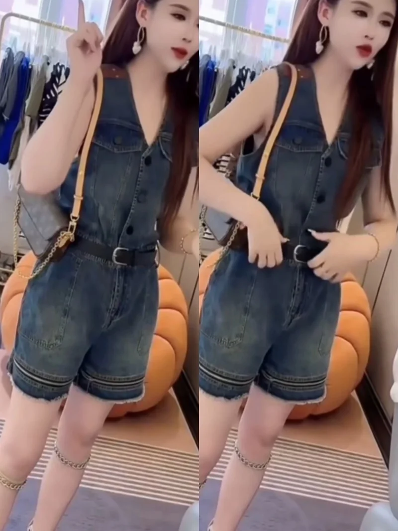 

Trendy Casual Chic V-Ne Denim Jumpsuit High Waist ort Pants Polyester Fiber Commute Sle Summer New Arrival Slimming