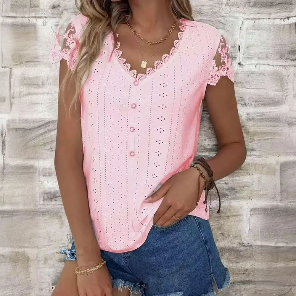 Summer Women V Neck T Shirt Lace Patchwork Loose Short Sleeve Blouse Casual Fashion Elegant Streetwear Pullover