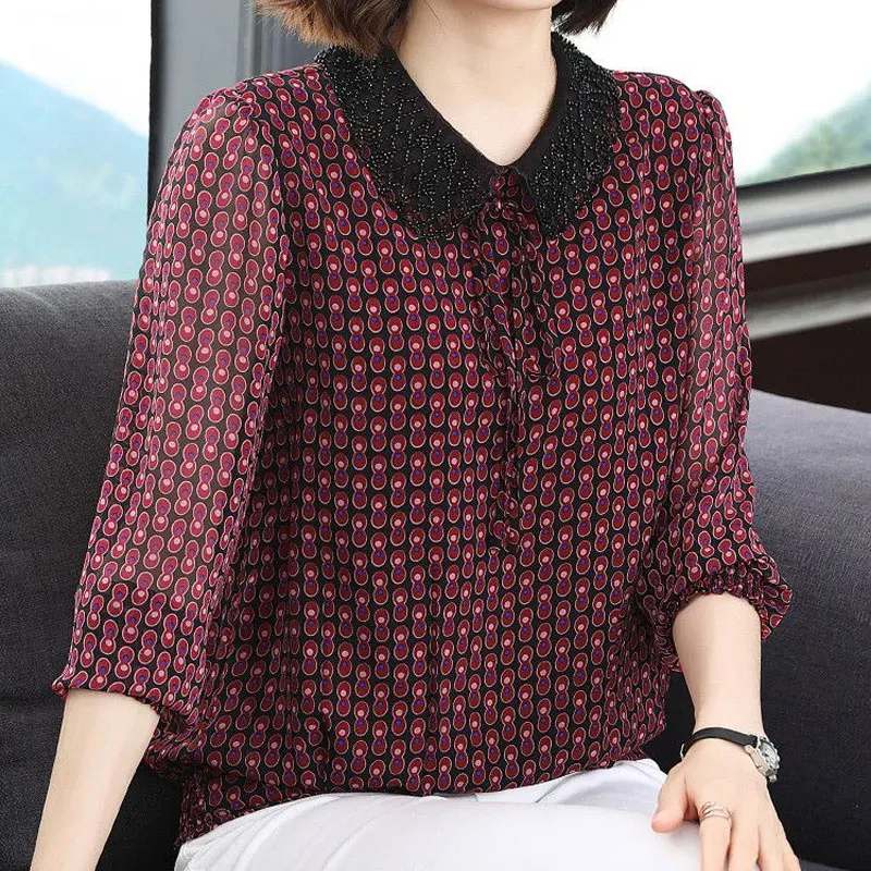 Female Clothing Vintage Printed Shirt Stylish Beading Peter Pan Collar Spring Autumn Bandage Casual Long Sleeve Shirring Blouse