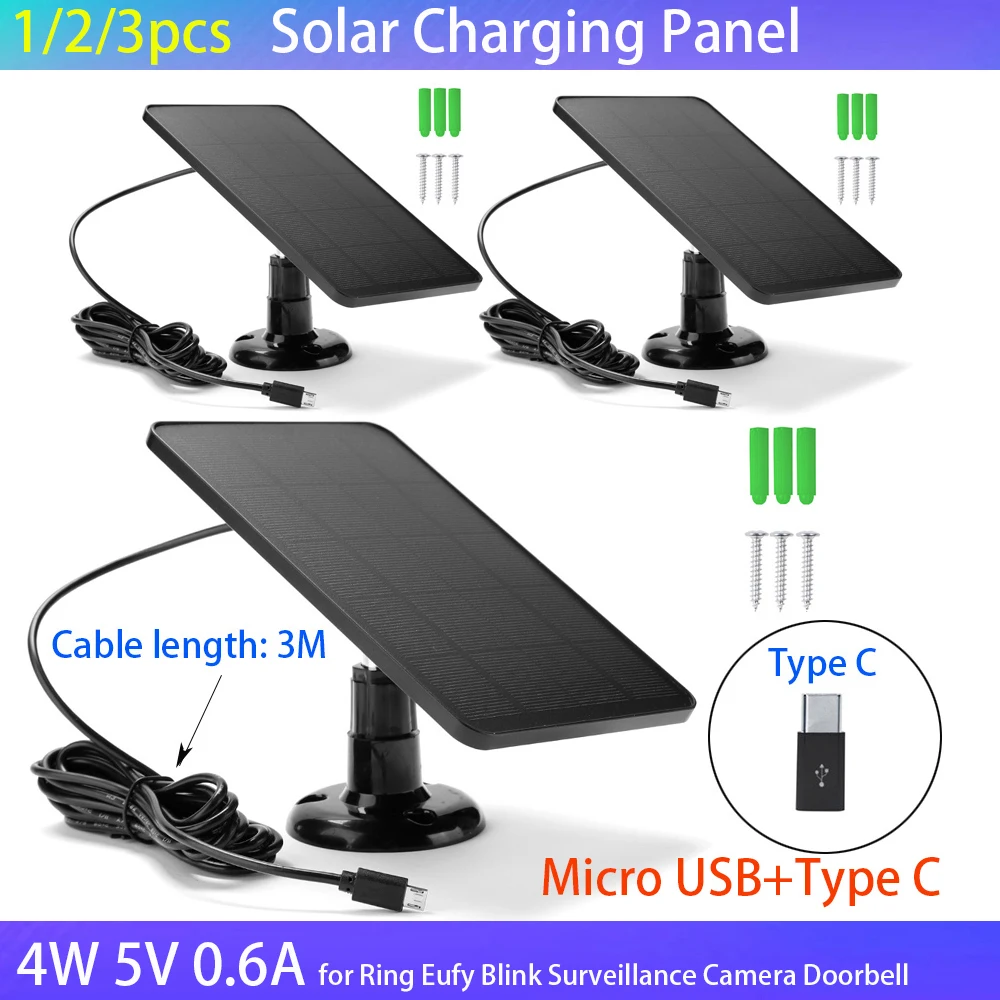 1/2/3pcs Solar Charging Panel 4W 5V 0.6A Monocrystalline Silicon Panel 3m cable for Ring Eufy Blink Surveillance Camera Doorbell