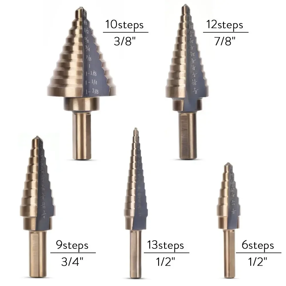 Hss Cobalt Titanium Step Cone Drill Bit Set com Caixa De Alumínio, Cortador De Buraco, Ferramentas Manuais, Vários Tamanhos, 5Pcs