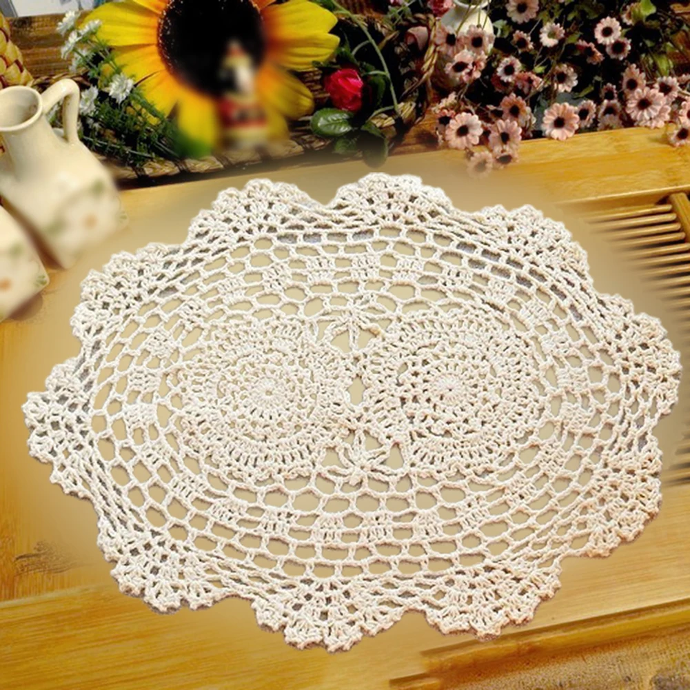 Retro Oval Placemat Using Cotton Fabric with Floral Lace Edge and Hand Embroidered Openwork for Table Decor Use