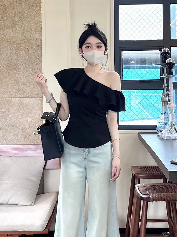 

Черная асимметричная женская летняя рубашка с коротким рукавом, облегающая, сексуальная, уникальная, красивая, укороченная, в корейском стиле, для повседневной носки