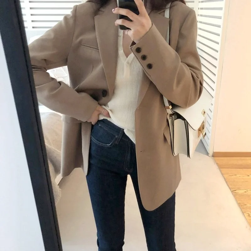 Korea Style Women Casual Blazer Grey Solid Colors Single Breasted Loose Suit Woman Spring Fashion Office Work Long Sleeve Blazer