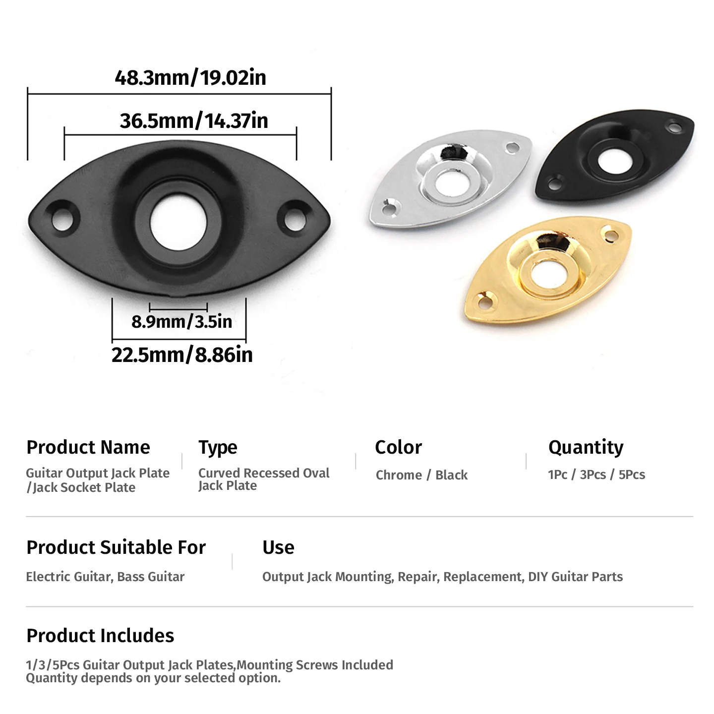 1/3/5Pcs Guitar Mono Output Jack Plate Curved Recessed Oval Socket Plate with Screws for Electric Guitar Bass Parts