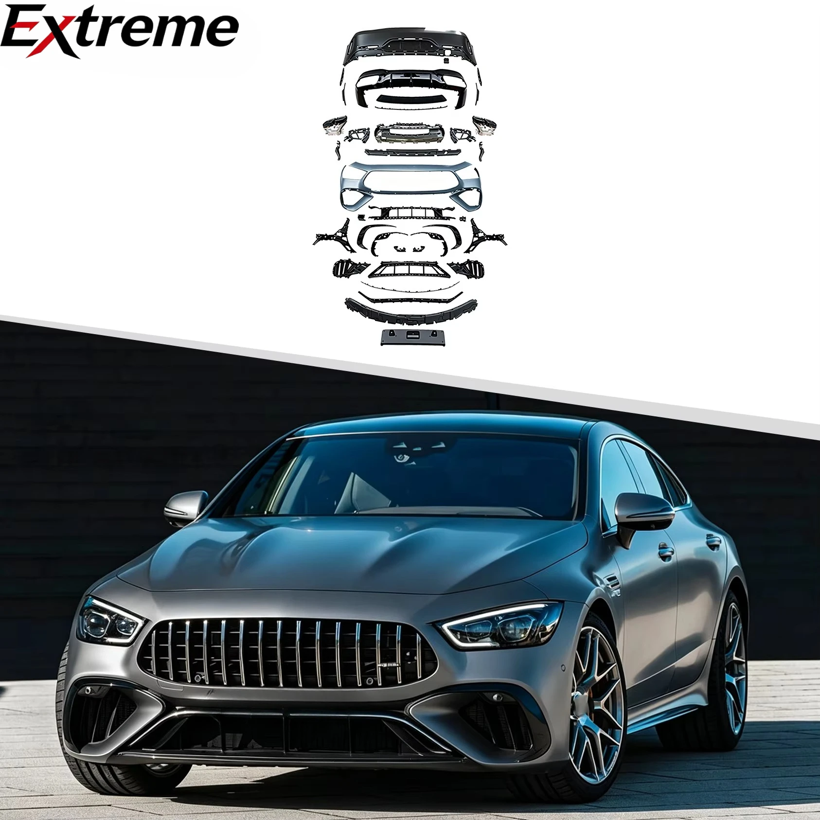 AMG GT63 S Style Body Kit for AMG GT 4-Door X290 2021+ Front Bumper Rear Diffuser Side Skirts Direct Fit Unpainted PP