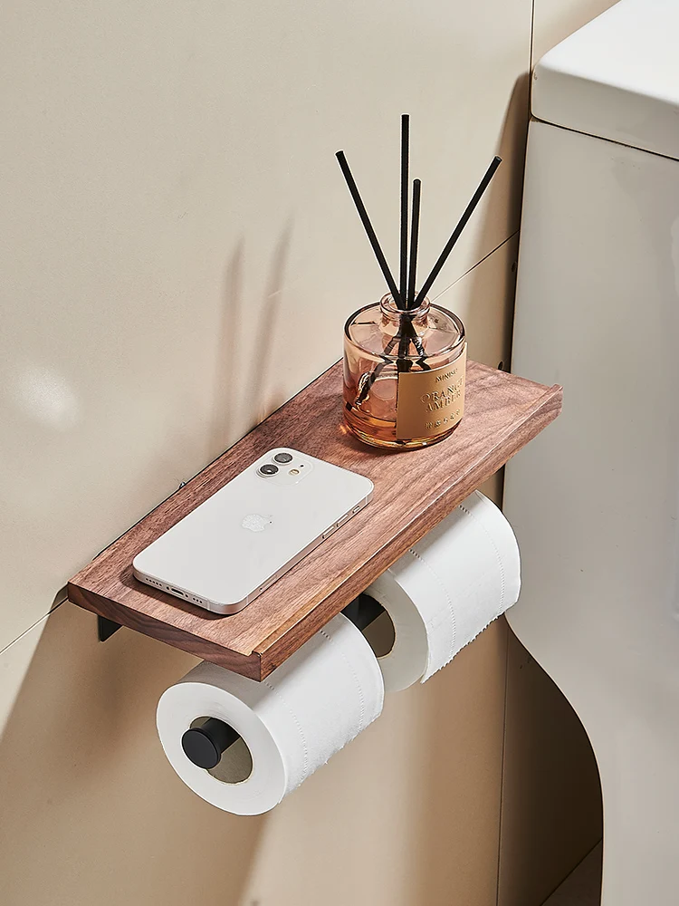 No Drill Wood Toilet Paper Holder with Phone Rack WallMounted Bathroom Storage Shelf  Black Roll Paper Holder