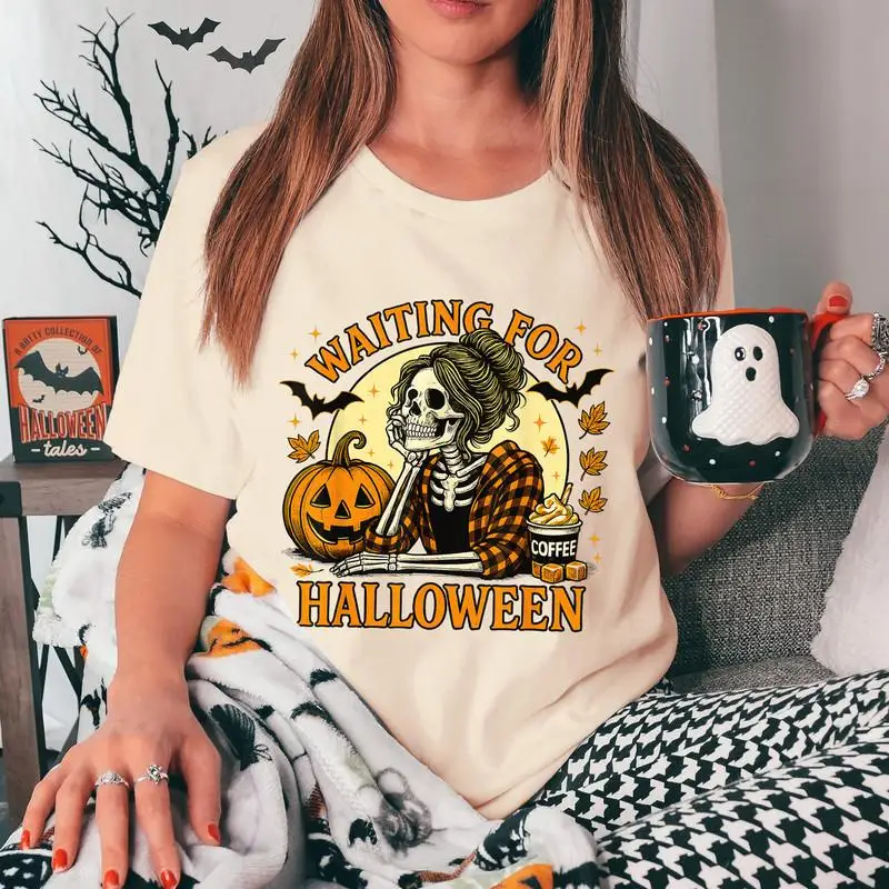 

Skeleton Waiting for Halloween Shirt, Halloween Shirt, Fall Shirt, Pumpkin Shirt, Retro Halloween Shirt