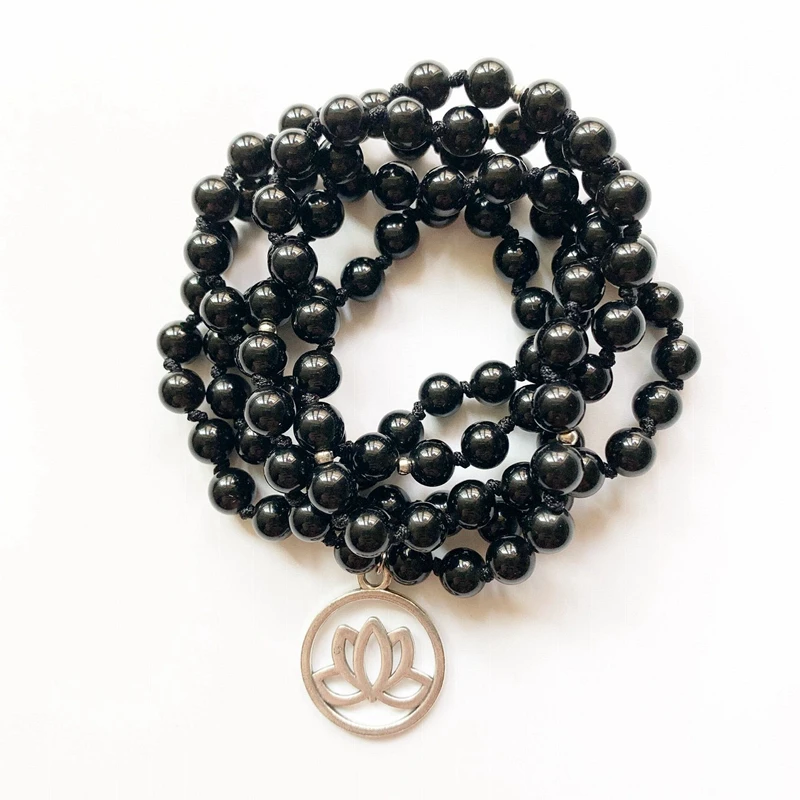 Natural Black Obsidian Stone Prayer Beads Mala 108 Beads Necklace Lotus Om Pentagram Fatima Hand Star Pendant Knotted Beads 1pc