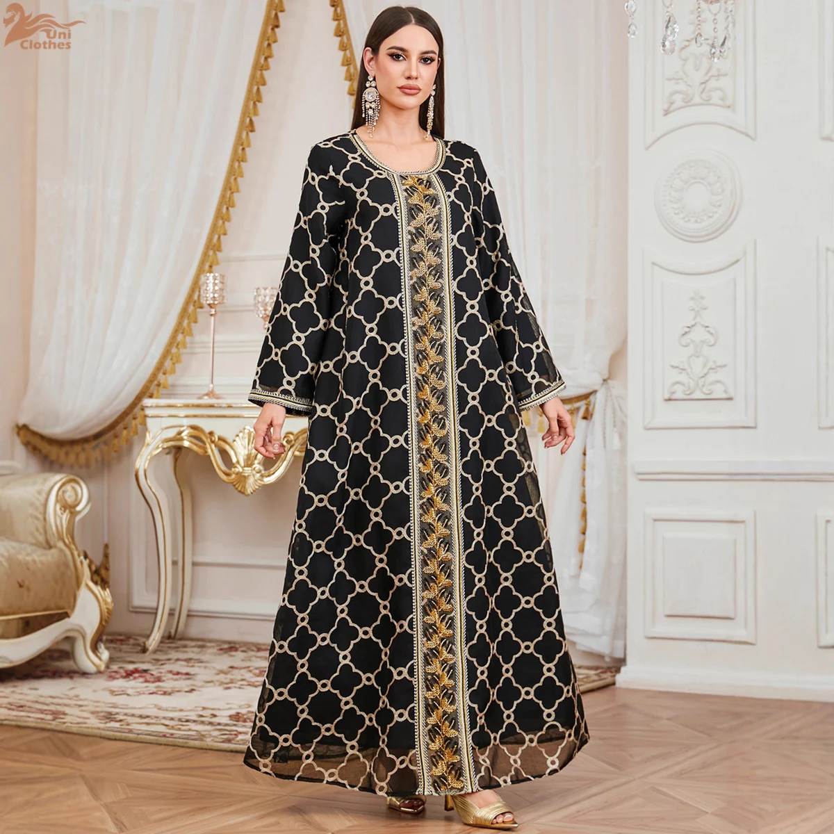 Uni Marokkaanse Vrouwen Bloemen Borduren Guipure Jurk O-hals Maxi Abaya Moslim Luxe Vrouwen Abaya