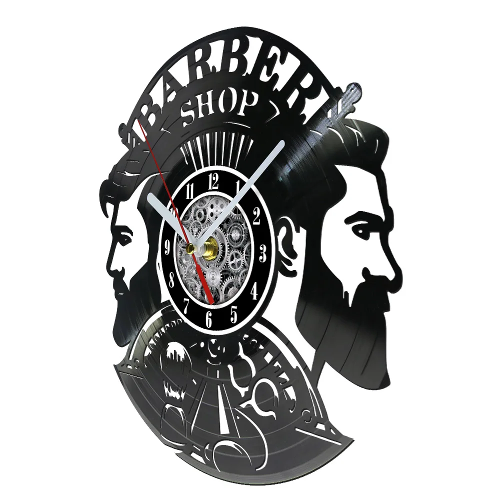 Retro Barber Shop Wall Clock Made of Real Vinyl Record Hair Salon Sing Carved Mucis Album Wall Clock Hairstyle Handcrafted Clock