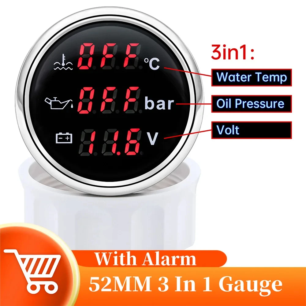 52mm Digital Gauge, 52mm 3 in 1 Digital Water Temperature Gauge: High Precision, Wide Voltage Range for RV, Yacht, Boat