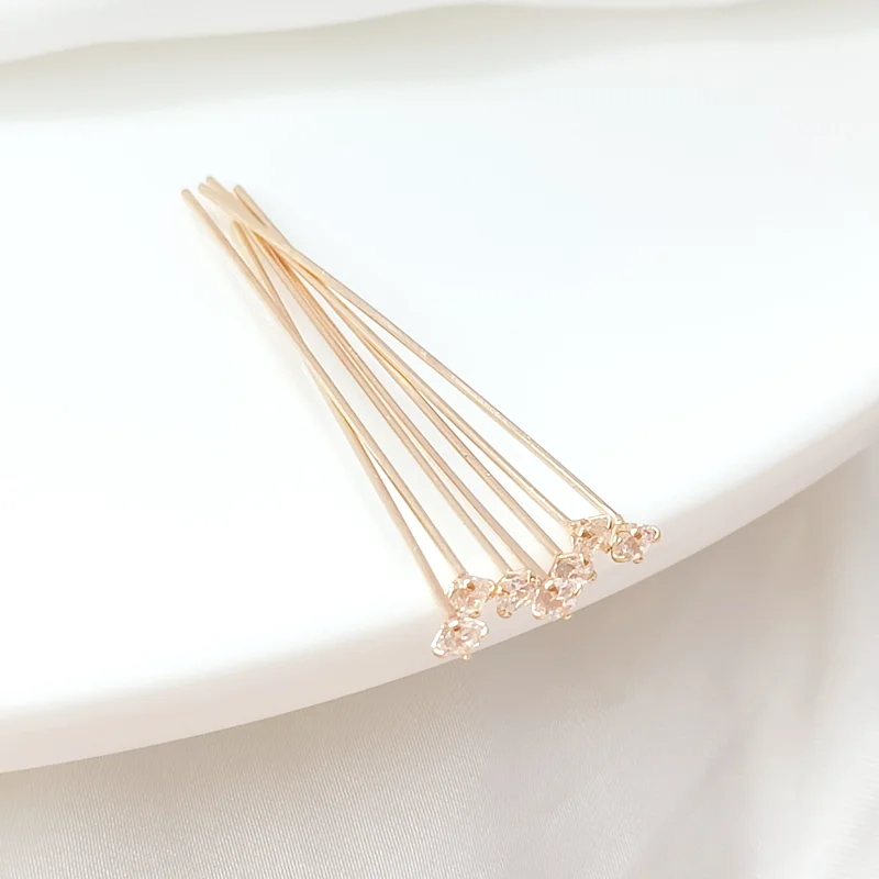 10 Pieces 14K Copper Clad Gold Water Diamond T-shaped Needle Hanfu Hair Accessories Handmade DIY Jewelry Accessories Materials