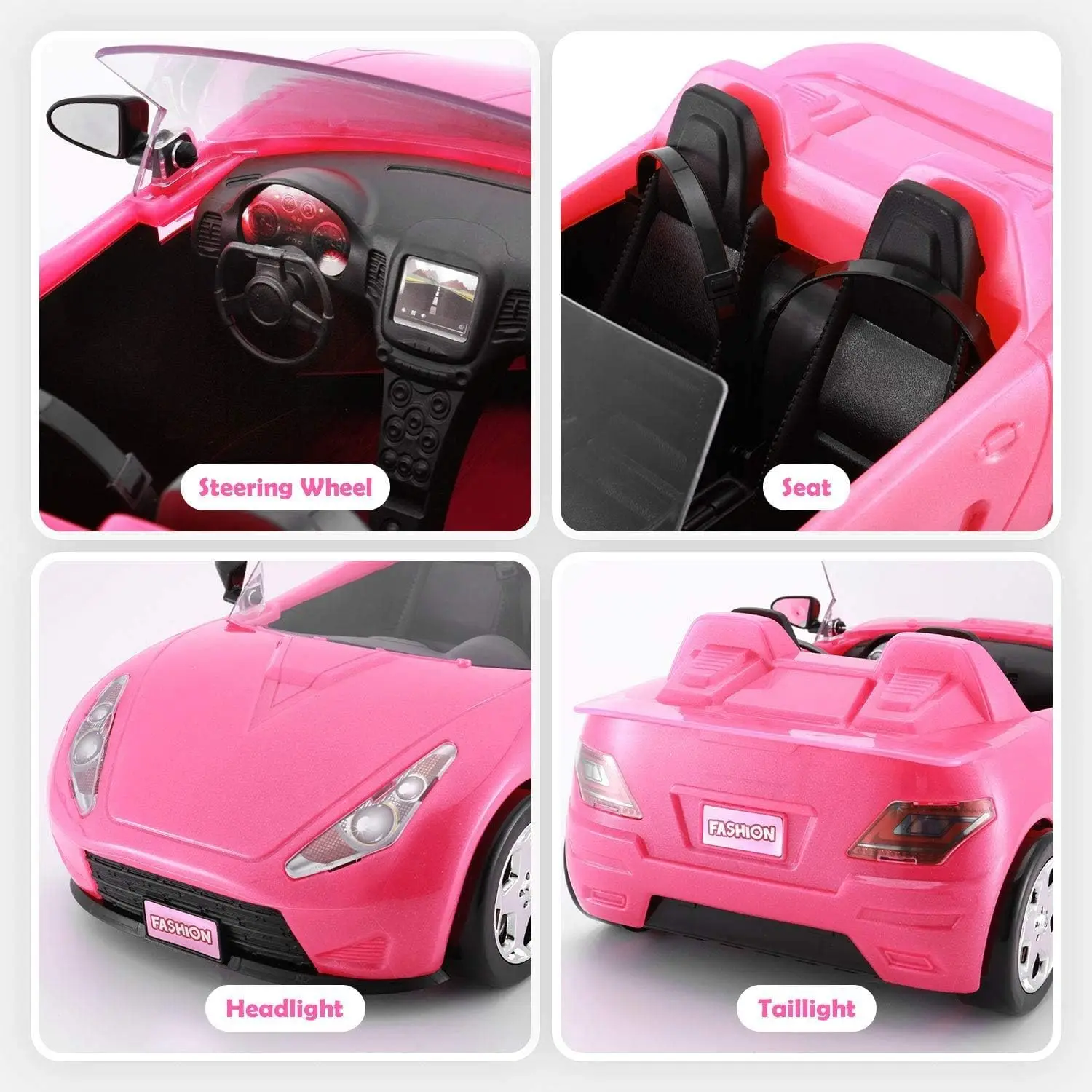 Auto convertibile per bambole, veicolo per bambole convertibile fucsia scintillante con due cinture di sicurezza funzionanti per barbie