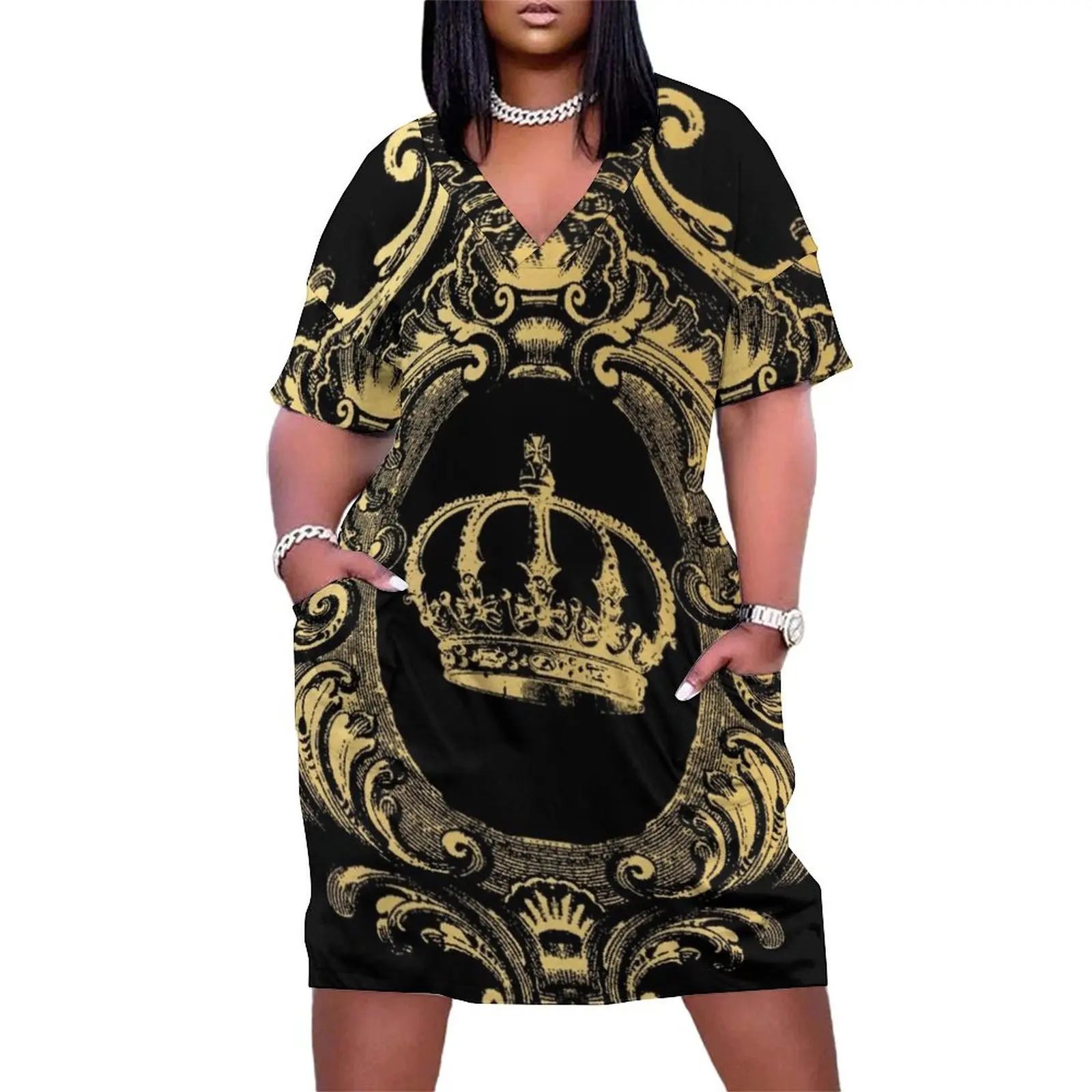 Ornate Gold Crown Black Loose Pocket Dress women's evening dresses 2025 dresses for woman 2025 womens clothing