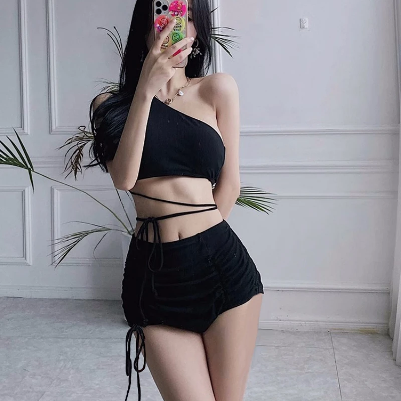

Korean Sexy Strapless Strapless Bikini Swimsuit for Women in Summer Small Breasts High Waist Covering Belly