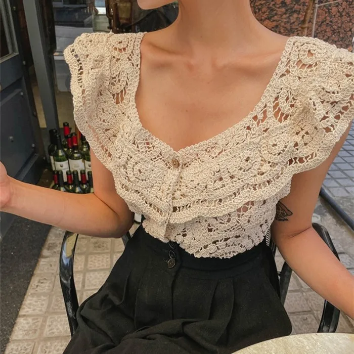 Korean Chic Sleeveless Knitted Tops 2024 Summer Fashion Hollow Hook Flower Blouse Elegant Lotus Leaf Collar Women Shirt