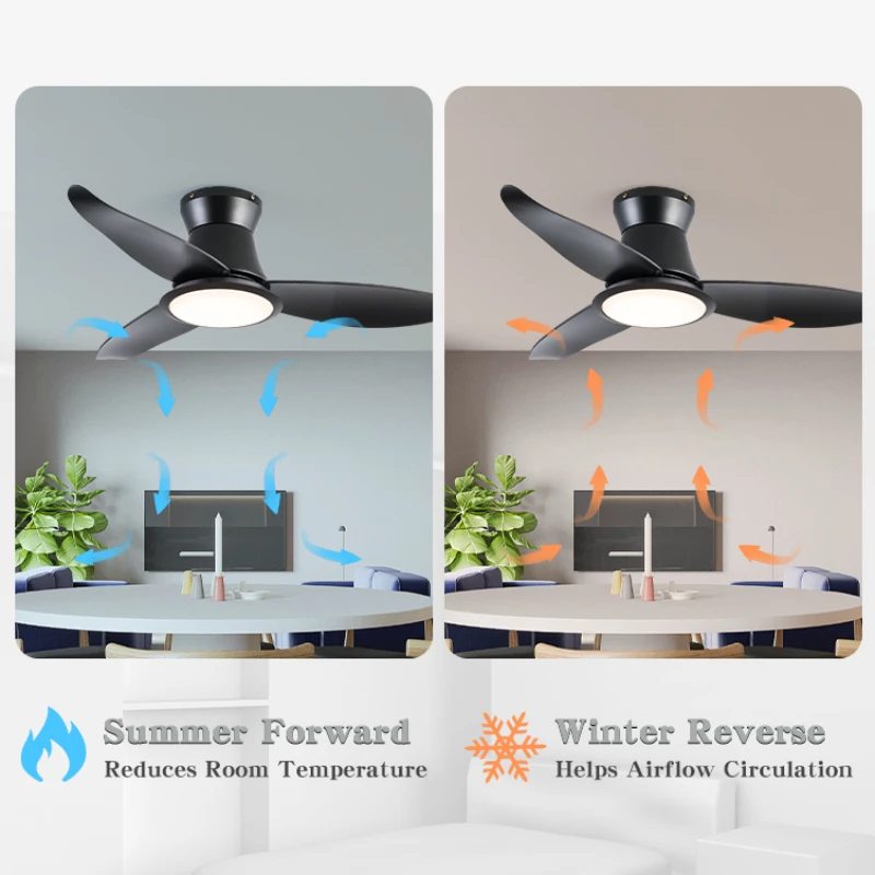 Modern Flush Mount Ceiling Fans with Lights DC Motor Dual Color LED with Remote Control for Kitchen Bedroom Dining room 42/52in