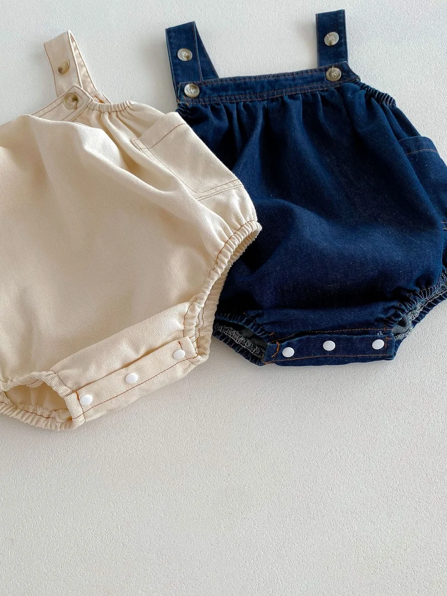 

Romper Suspender Overalls Playsuit Outfits Clothes 2025 Summer Baby Denim Romper 0-3Years Toddler Boy Girl Solid Pocket Jeans