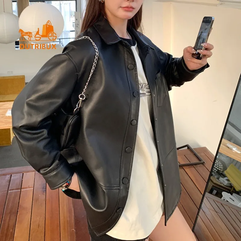 Mittellange Damen-Echtlederjacke im Hemdstil für Herbst und Winter, 100 % echter Schaffell-Intellektueller, sanfter, eleganter Mantel