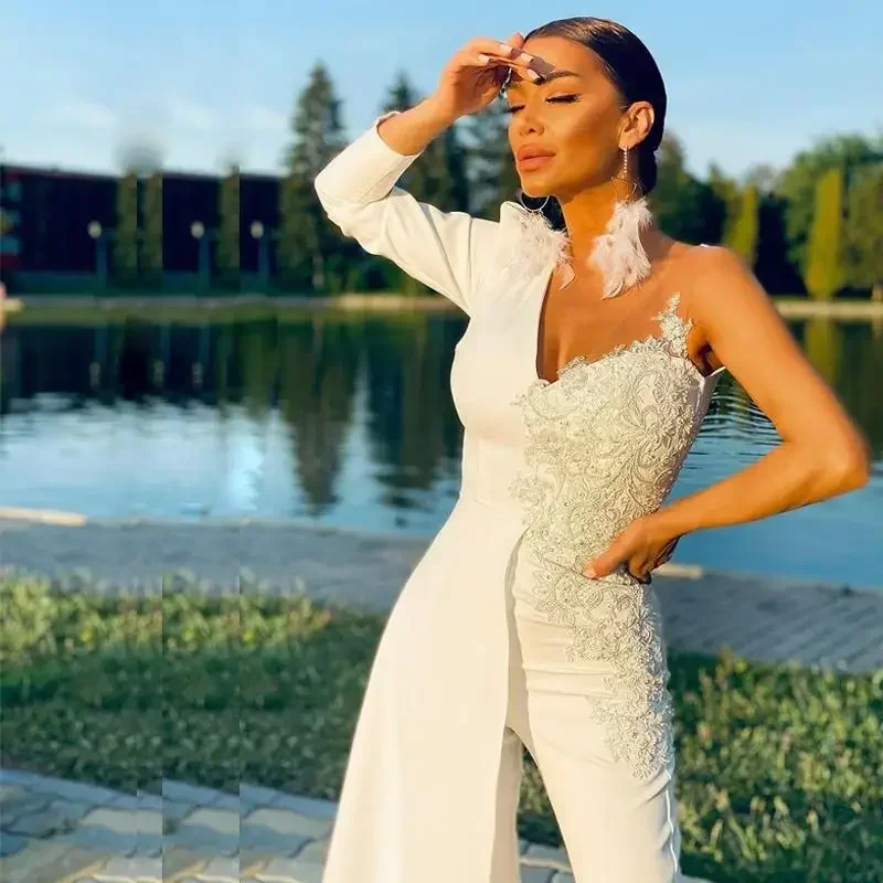 Customized  Jumpsuit Wedding Dresses Long Sleeve V Neck One Shoulder Empire Bridal Gown Ankle Length Satin Vestidos De Novia