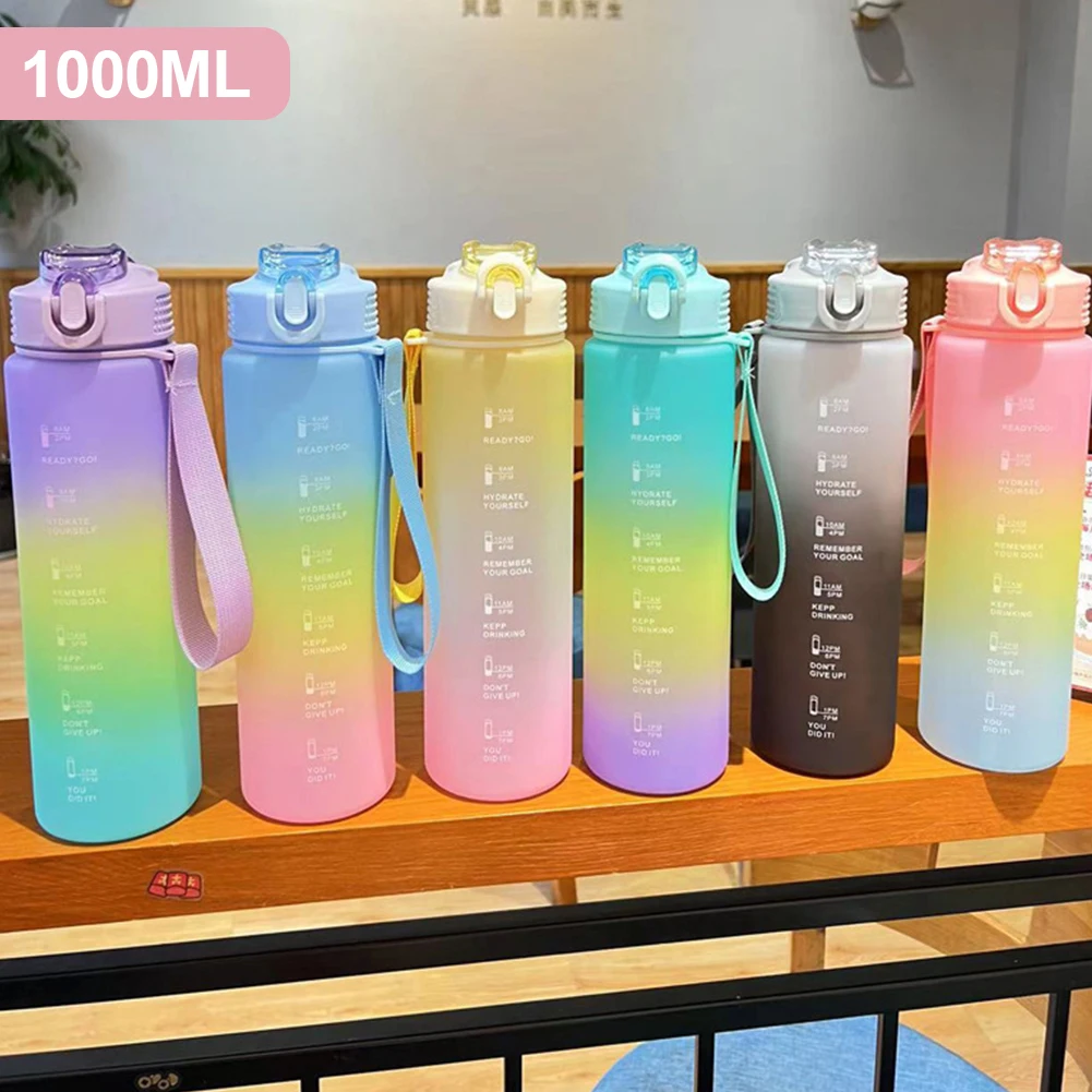 ストロー付きスポーツボトル,1リットル,カップ,マーカー付き,漏れ防止,屋外ジム用,キャンプ用