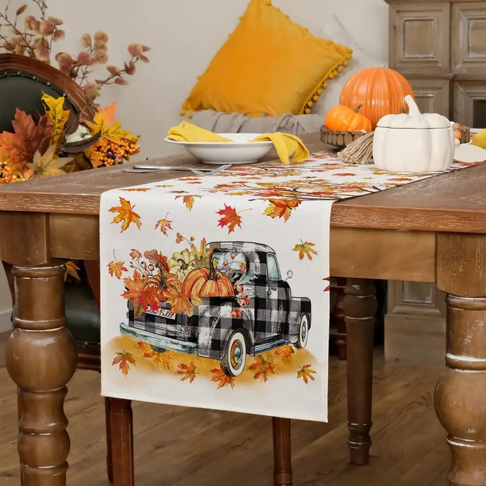 Fall Thanksgiving Maple Leaf Pumpkin Buffalo Plaid Truck Linen Table Runner Autumn Holiday Party Decor Thanksgiving Decorations