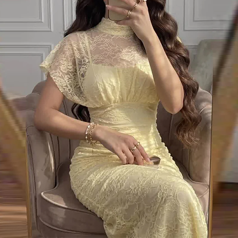 Summer Short Sleeved Pleated Hem Prom Dress New Sexy Perspective Slim Fit Holiday Dress Yellow Lace High Waist Women Long Dress