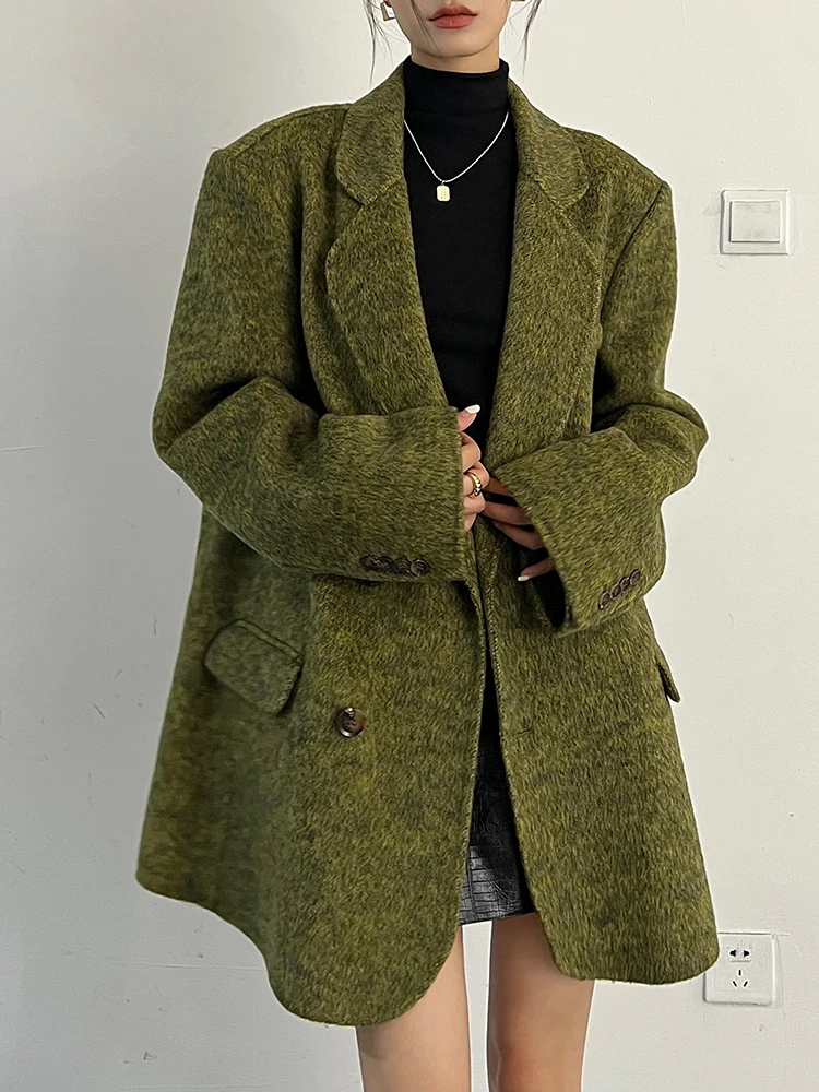 YERMORA Green Button Vintage Wool Blazer For Women Lapel Long Sleeve Loose New Thick Jacket Fashion Tide Autumn Winter 2025