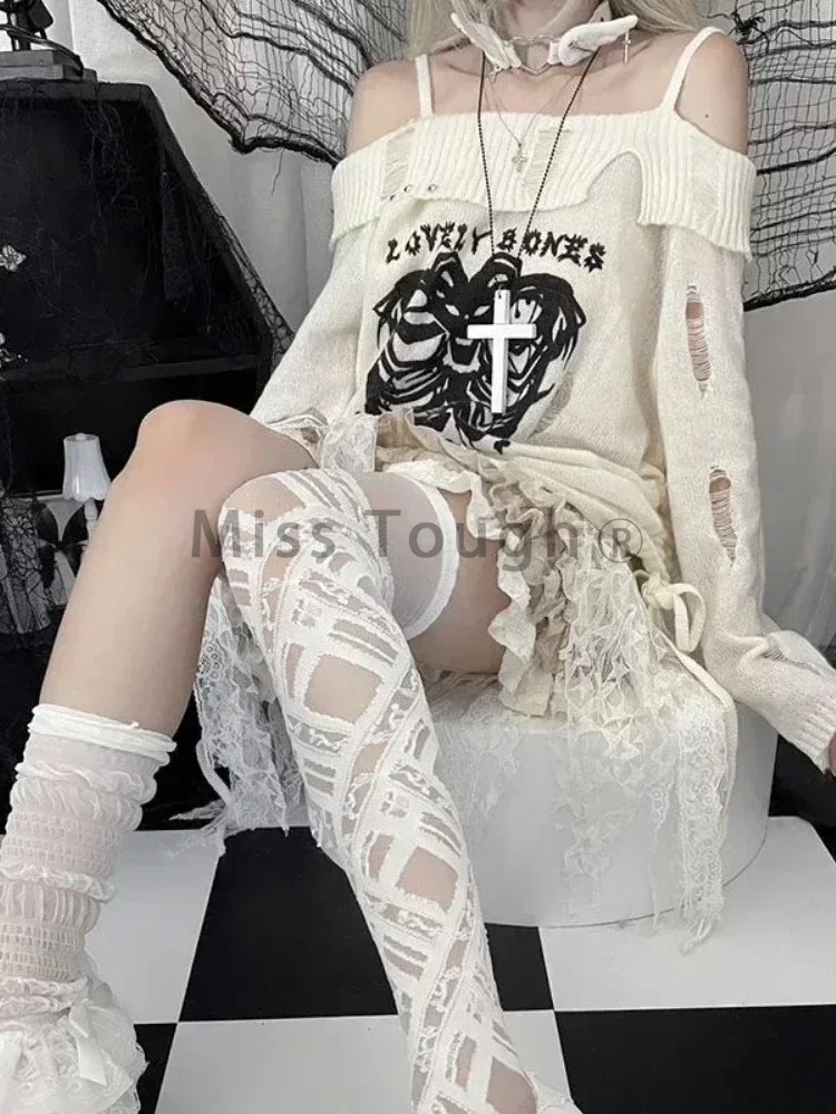 Y2k Harajuku Gothic Knitted Pullovers Women Japanese Fashion Sexy Off Shoulder Tops Female Korea Loose Casual Sweater 2024 New