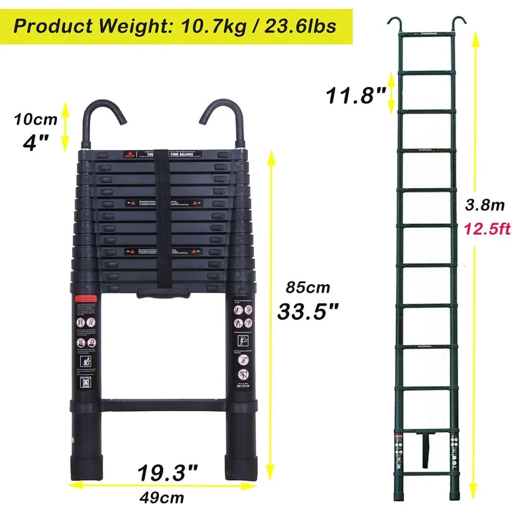 บันไดอลูมิเนียมสีดำแบบยืดหดได้สำหรับงานหนัก พร้อมตะขอที่ถอดออกได้ ความสูงพับเก็บได้ 2.8 ฟุต เพื่อการจัดเก็บที่ง่ายดาย
