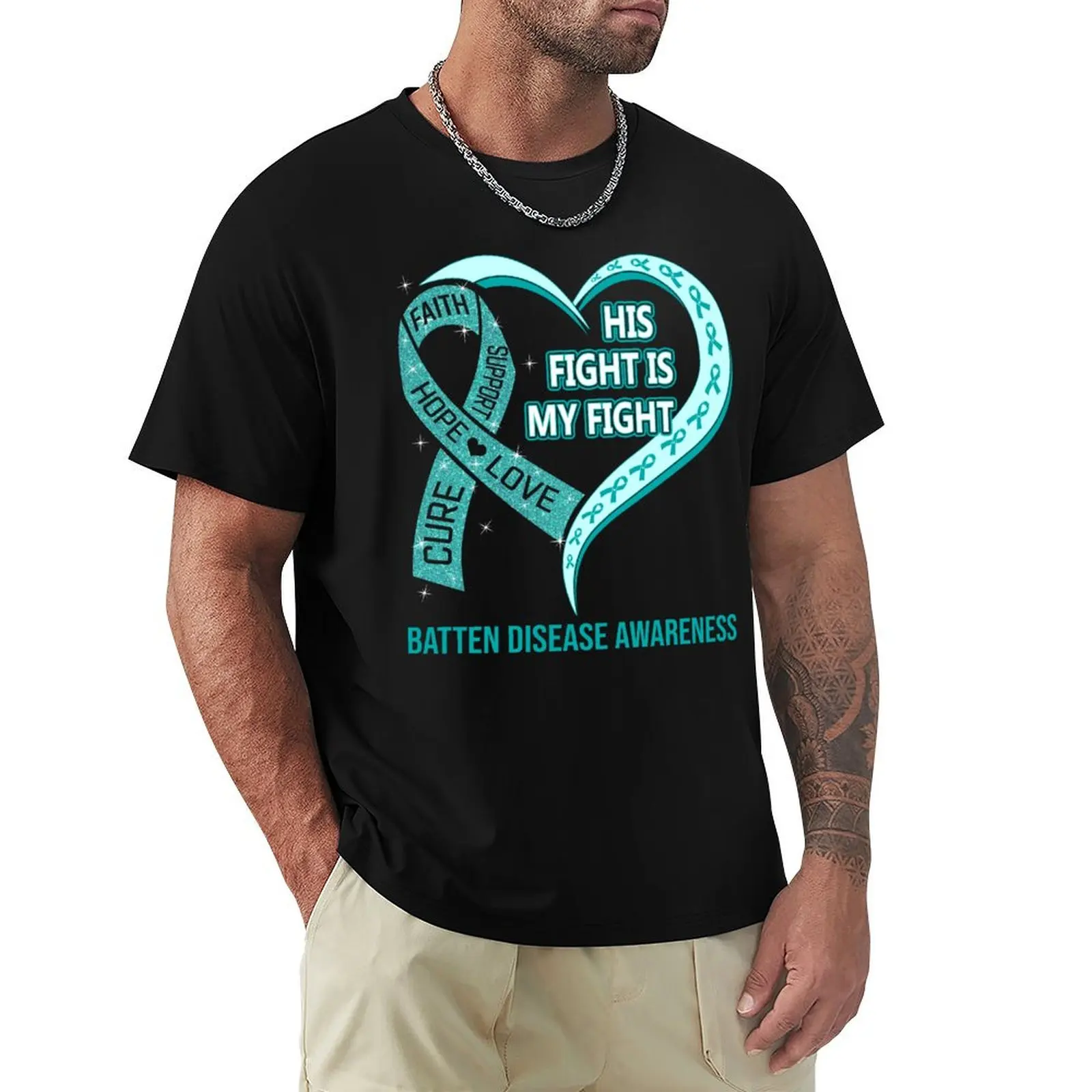 His Fight Is My Fight Batten Disease Awareness Ribbon Heart T-Shirt anime t shirts for man T-Shirt