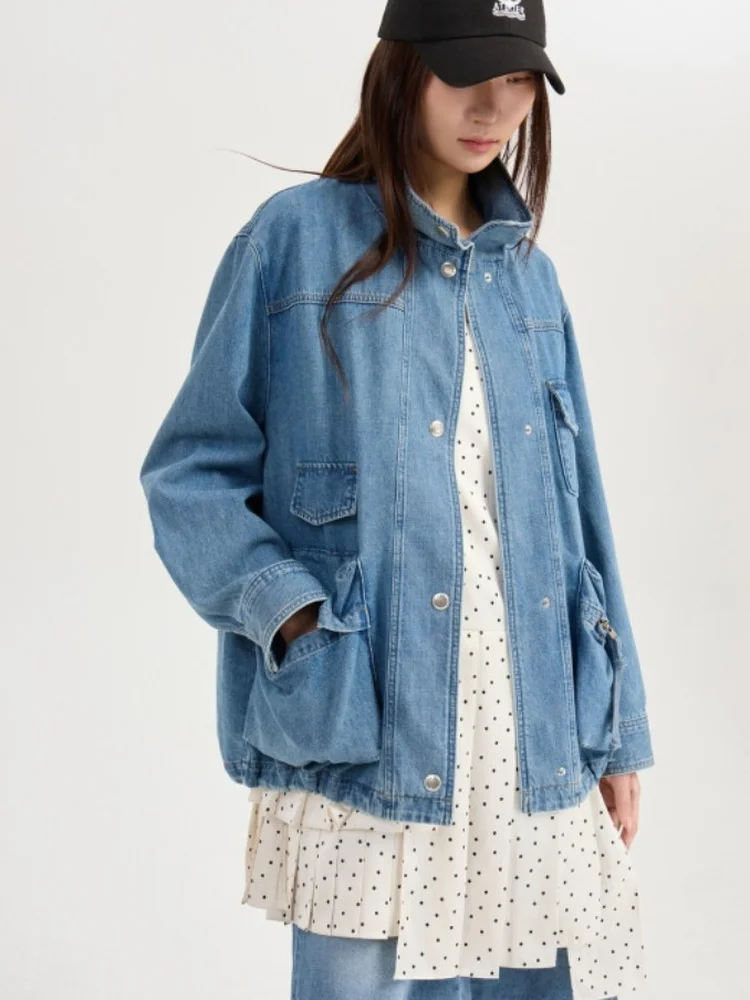 

Slimming Washed Denim Jacket Casual Loose Fit Ladies' Outerwear Korean Style Simple Daily Versatile Cotton Long Sleeve Coat